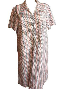 Medium 12 Vintage House Dress Multicolor Short-Sleeve Front-Zip 1960's Mom